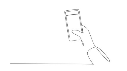 Poster - Self drawing animation of single line draw hands holding smartphone with shopping cart image, touching screen. Digital lifestyle, internet, gadgets concept. Continuous line draw. Full length animated.