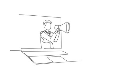 Poster - Animated self drawing of continuous one line draw young man coming out of laptop screen holding megaphone. Offering product with discounts or sale. Marketing concept. Full length single line animation
