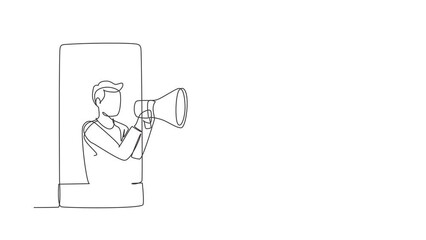 Poster - animated self drawing of single continuous line draw young man coming out of smartphone screen holdi