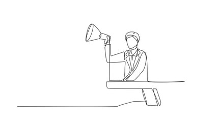 Poster - Animated self drawing of continuous line draw young man coming out of monitor screen holding megaphone. Offering product with discounts or sale. Marketing concept. Full length one line animation.