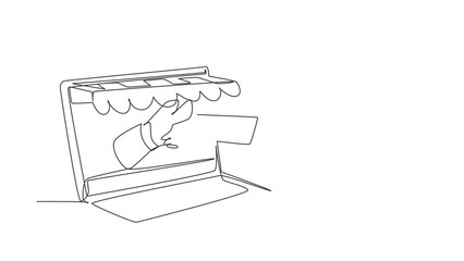 Poster - Self drawing animation of single line draw young woman inserting credit card into large canopy laptop screen and accepted by hand. Digital payment concept. Continuous line draw. Full length animated.