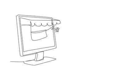 Poster - animated self drawing of single continuous line draw young man receives package box from large canop
