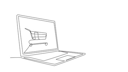 Aufkleber - Animated self drawing of continuous line draw young female shopping online via giant laptop screen with shopping cart inside. Digital lifestyle, consumerism concept. Full length single line animation.