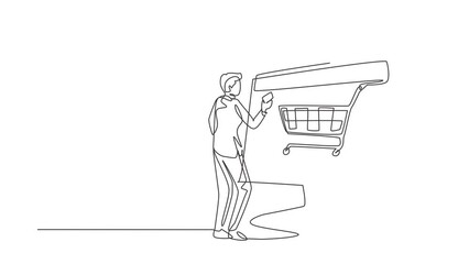 Poster - animated self drawing of continuous line draw young man shopping online via giant computer screen wi
