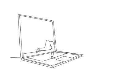Poster - Self drawing animation of single one line draw young man coming out of laptop screen pushing a shopping cart. Sale, digital lifestyle, consumerism concept. Continuous line draw. Full length animated.