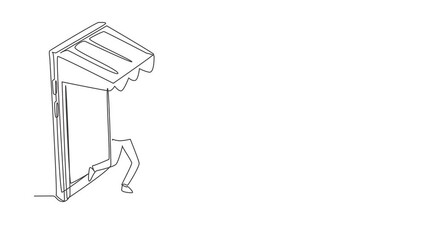 Poster - Animated self drawing of continuous line draw young man coming out of canopy smartphone screen pushing a shopping cart. Sale, digital lifestyle, consumerism concept. Full length single line animation.