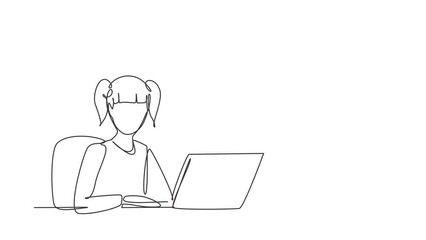 Aufkleber - Animated self drawing of single continuous line draw girl studying with laptop and study lamp sitting on chair around desk. Back to school, online education concept. Full length one line animation.