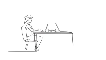 Aufkleber - Animated self drawing of continuous line draw boy and girl students studying with laptop and sitting on chairs around desk. Back to school, online education concept. Full length one line animation.