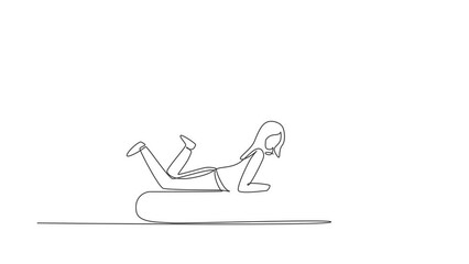 Aufkleber - Self drawing animation of single line draw young female with laptop laying down on big book. Freelance, distance learning, online courses, studying concept. Continuous line draw. Full length animated.
