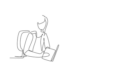 Poster - Animated self drawing of single continuous line draw young woman reading, learning and sitting on chair around table. Study in library. Smart student, education concept. Full length one line animation