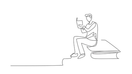Poster - Animated self drawing of continuous one line draw young man reading, learning and sitting on big books. Study in library. Literature fans, student, education concept. Full length single line animation