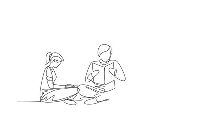 Poster - Animated self drawing of continuous line draw male teacher and two students boy and girl reading, learning and sitting together. Study in library. Education concept. Full length one line animation.