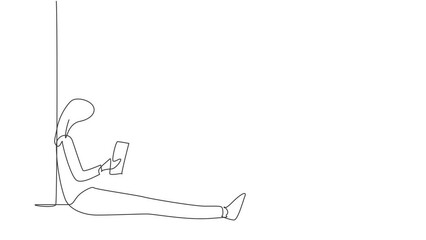 Poster - Animated self drawing of continuous line draw young female reading, learning, sitting and backrest on the wall. Study at home. Smart student, education concept, fair. Full length single line animation