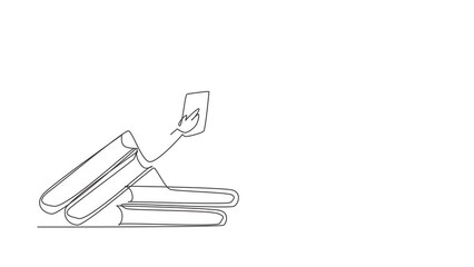 Poster - Animated self drawing of continuous line draw young female reading, learning and sitting on big books. Study in library. Literature fans, student, education concept. Full length one line animation.