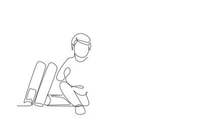 Poster - Self drawing animation of single line draw little boy reading, learning and sitting on big books. Study in library. Smart student, education concept, fair. Continuous line draw. Full length animated.
