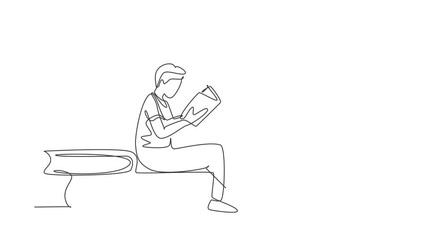 Poster - Animated self drawing of continuous line draw young man reading, learning and sitting on big books. Study in library. Literature fans or lovers, education concept. Full length single line animation.