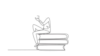 Poster - Self drawing animation of single line draw students woman and man reading, learning and sitting on big books. Study in library. Literature fans or lovers. Continuous line draw. Full length animated.