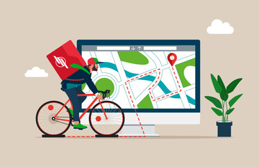 Delivery Service man, deliver the package using bicycle, with map guide on the app. Flat vector illustration.