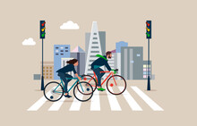 Businessman And Woman Commuter With Bicycle Traveling To Work In City.  Crossing Road By Crosswalk With Zebra Markup. Flat Vector Illustration.