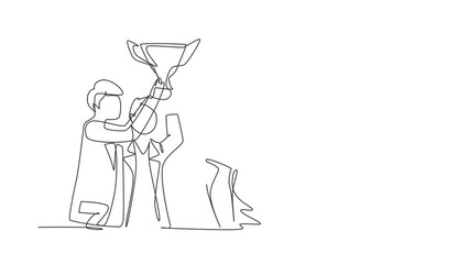 Poster - self drawing animation of single one line draw young business team holding trophy showing success. s