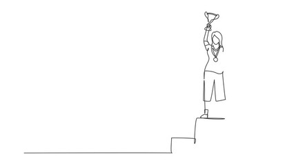 Poster - self drawing animation of single line draw athlete wearing sports jersey lifting golden trophy with 