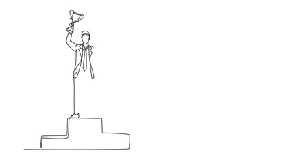 Poster - self drawing animation of single line draw businessman wearing suit with tie lifting golden trophy w