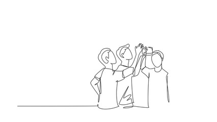 Poster - self drawing animation of single line draw athlete team in sports jersey holding golden trophy toget