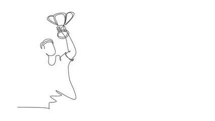 Poster - animated self drawing of continuous one line draw male athlete in sports jersey holding gold trophy 