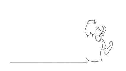 Poster - animated self drawing of continuous line draw female athlete in sports jersey holding gold trophy wi