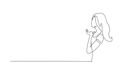 Poster - Animated self drawing of continuous line draw cheerful girl kissing disposable coffee cup or paper cup. Coffee product studio photo session. Coffee addict concept. Full length single line animation