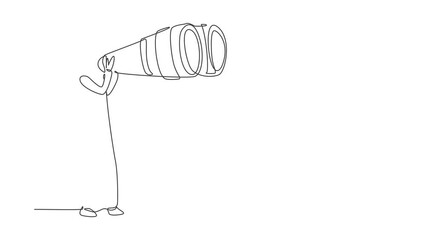 Wall Mural - Self drawing animation of single line draw happy Arab tourist man looking through big binoculars far ahead. Young gentleman is traveling with field glasses. Continuous line draw. Full length animated