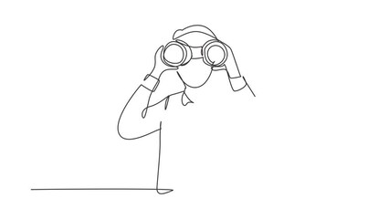 Poster - Animated self drawing of continuous line draw young businessman looking through binoculars searching for job. Find all opportunities in the world of suitable jobs. Full length one line animation