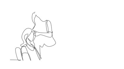Poster - Animated self drawing of single continuous line draw confident young woman is looking at her reflection. Glowing beauty with new hairstyle at salon. Hair style concept. Full length one line animation