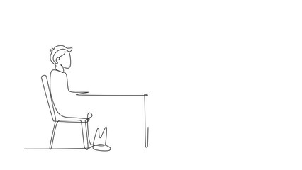 Poster - Self drawing animation of single one line draw Arabian boy with laptop sitting on chair around desk. Distance learning, online courses, and studying concept. Continuous line draw. Full length animated