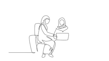 Animated self drawing of single continuous line draw two Arab woman with laptop sitting on sofa together. Freelance, distance learning, online courses, and studying. Full length one line animation
