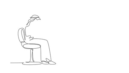 Poster - Animated self drawing of continuous line draw young Arabian man with laptop sitting on the chair. Freelance, distance learning, online courses, and studying concept. Full length single line animation