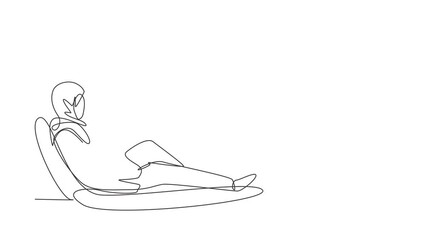 Poster - Animated self drawing of continuous line draw Arabian female with laptop sitting on recliner chair. Freelance, distance learning, online courses, studying concept. Full length one line animation