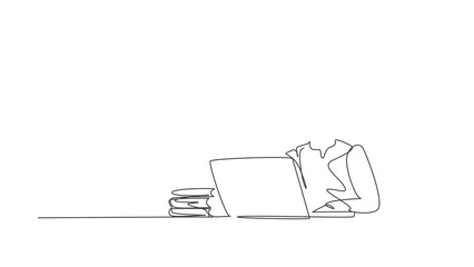 Aufkleber - Animated self drawing of continuous line draw young Arabian boy studying with laptop and pile of books. Back to school, intelligent student, online education concept. Full length single line animation