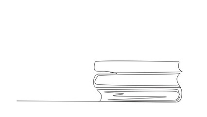Poster - Animated self drawing of continuous line draw female studying with laptop and sitting on pile of big books. Back to campus, intelligent student, online education. Full length single line animation