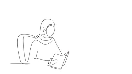 Poster - Animated self drawing of continuous line draw Arabian woman reading, learning and sitting on chair around table. Study in library. Smart student, education concept. Full length one line animation