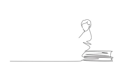 Poster - Animated self drawing of single continuous line draw Arabian little boy reading, learning and sitting on big books. Study at home. Smart student, education concept. Full length one line animation