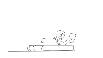 Poster - Self drawing animation of single line draw Arab little girl reading, learning and laying down on big book. Study at home. Smart student, education concept. Continuous line draw. Full length animated