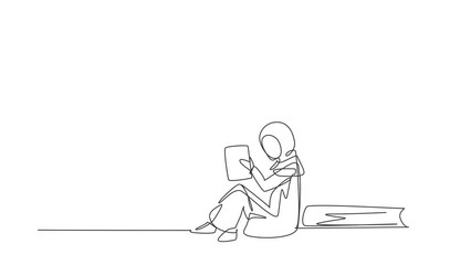 Poster - Animated self drawing of single continuous line draw Arab little girl reading, learning and backrest on pile of big books. Study at home. Smart student, education. Full length one line animation.