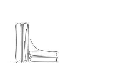 Poster - Animated self drawing of continuous line draw young Arab woman reading, learning, sitting and backrest on pile of big books. Study at home. Smart student, education. Full length single line animation