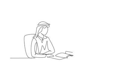 Poster - Animated self drawing of continuous line draw young Arab male reading, learning and sitting on chair around table. Study in library. Smart student, education concept. Full length single line animation