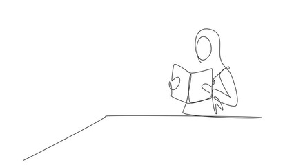Poster - Animated self drawing of continuous line draw young Arabian female reading, learning and sitting on chair around table. Study in library. Smart student, education. Full length single line animation