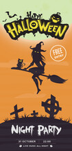 Halloween Party Flyer With Pumpkin, Bat, Cat And Witch . Vector Illustration