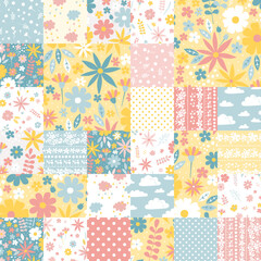 Wall Mural - Delicate seamless patchwork pattern of rectangles with abstract flowers and leaves, clouds, stars and polka dot ornament in yellow, blue, white and pink color scheme. Romantic print for fabric.