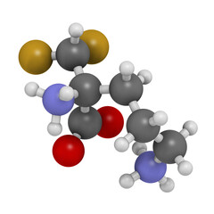 Poster - Eflornithine drug molecule. Used to treat facial hirsutism (excessive hair growth) and African trypanosomiasis (sleeping sickness).