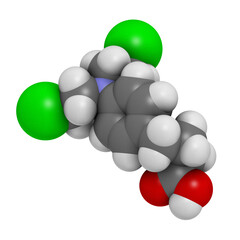 Sticker - Chlorambucil leukemia drug molecule. Nitrogen mustard alkylating agent mainly used to treat chronic lymphocytic leukemia (CML).